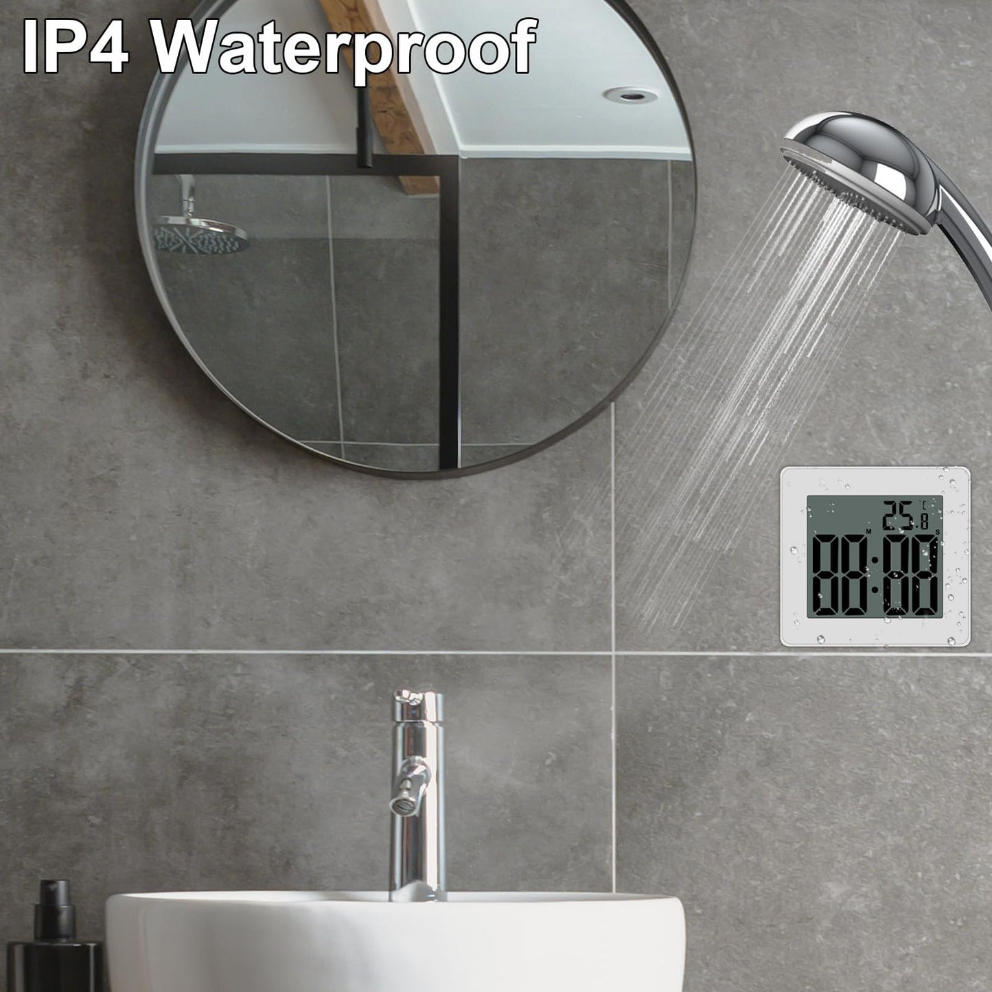 CENTOLLA Digital Shower Clock, Large LCD Display Waterproof Timer for Shower, Suction Cups for Home (White) - Only Military time and ℃ Display