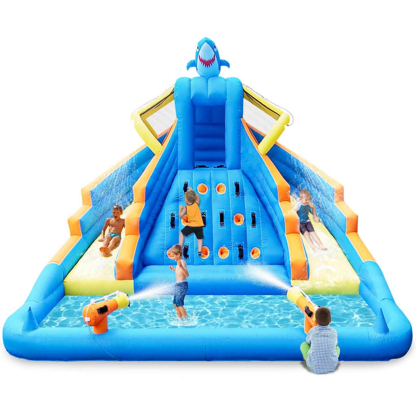Inflatable Water Slide, 13FT Shark-Themed Large Bounce House with Dual Slides, Climbing Wall, Deep Pool, Water Cannon, 680W Blower, Storage Bag, Backyard Blow Up Water Park for Kids Aged 3–10