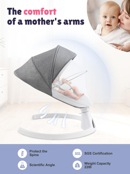 FDTQP Baby Swing for Infants - Electric Portable Bluetooth Baby Rocker with 5 Speeds, 5-Point Harness, Remote Control, Timing & Music Speaker Max 20 Lbs (Gray)