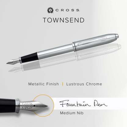 Cross Townsend Refillable Fountain Presented in a Luxury Gift Box - Medium Point, Black Ink, Lustrous Chrome