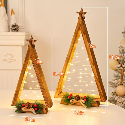 NatuBeau 2 Pcs Triangle Tabletop Wooden Christmas Tree with Lights, Modern Farmhouse Rustic Christmas Decor, Small Lighted Xmas Tree for Kitchen Mantle Shelf Living Room(14.2" Large / 11" Small)