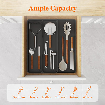 Lifewit Utensil Organizer for Kitchen Drawer, Expandable Cooking Silverware Tray, Adjustable Cutlery Flatware Holder, Plastic Spatula Tools Storage Divider, 14.4 x 15.8", Black