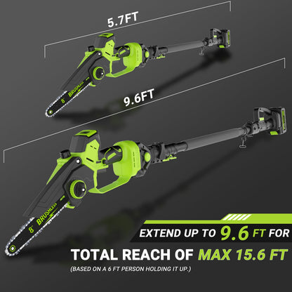 2-In-1 Cordless Electric Pole Saw for Tree Trimming, 8 Inch Chainsaw with 2 x 3000mAh Batteries, LCD Display, 15.6 FT Max Reach, 180° Adjustable Cutting Head for Tree Trimmer Limb Branch Cutter Pruner