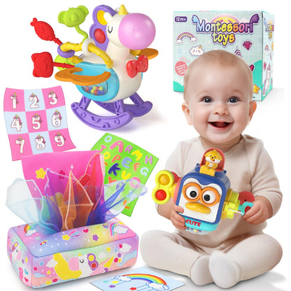 usrela 3 in1 Baby Toys 12 to 18 Months - Busy Board Sensory Toys, Tissue Box Toy, Pull String Teether, Learning Toy for Babies, Infant Gifts for 12 18 Months Old