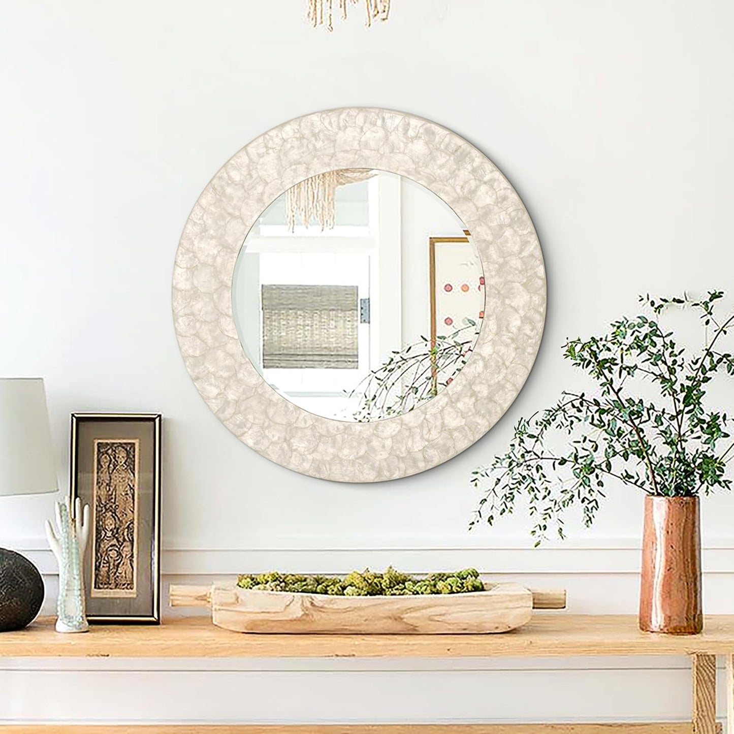 Autdot Capiz Shell Round Mirror, 30'' Coastal Mirror with Natural Capiz Seashell Frame, Decorative Circle Wall Mirrors for Living Room Mantel Bathroom Entryway