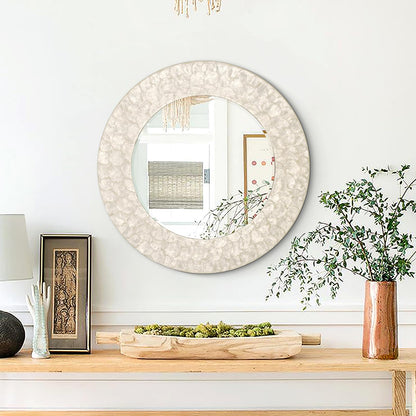 Autdot Capiz Shell Round Mirror, 30'' Coastal Mirror with Natural Capiz Seashell Frame, Decorative Circle Wall Mirrors for Living Room Mantel Bathroom Entryway
