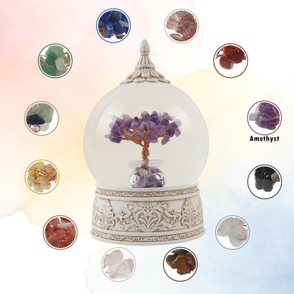 Amethyst Healing Crystal Tree Globe with Colorful Lights and Sparkling Glitter, Natural Gemstone Base, Spiritual Meditation, Positive Energy Good Luck, Home Decor, Birthday Gifts (Amethyst)