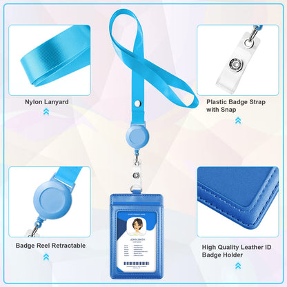 12 Pack ID Badge Holders with Retractable Lanyards Colorful Retractable Lanyards with Vertical Leather ID Badges for Office, School, Travel