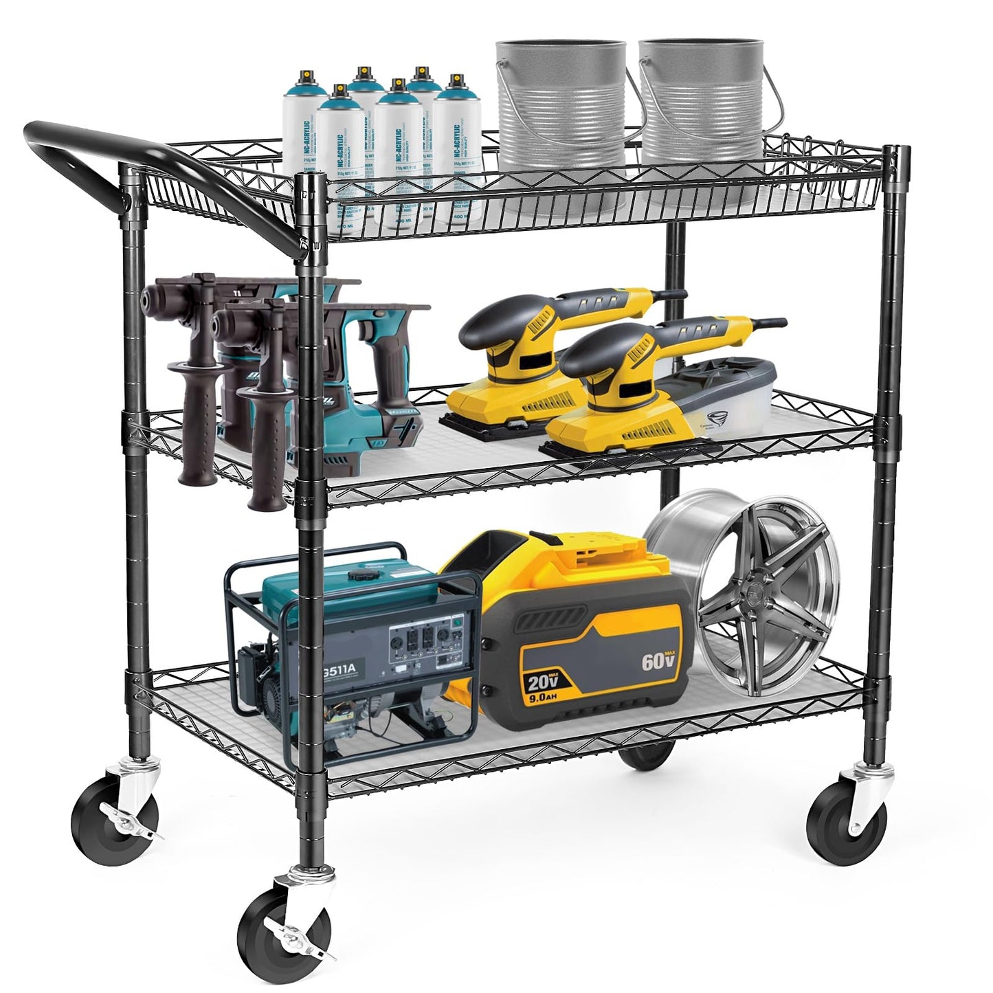 WDT Heavy Duty 3 Tier Utility Cart,Wire Rolling Cart with Wheels, Commercial Grade Service Cart with Shelving Liners and Handle Bar Metal Carts for Kitchen Office Hardware