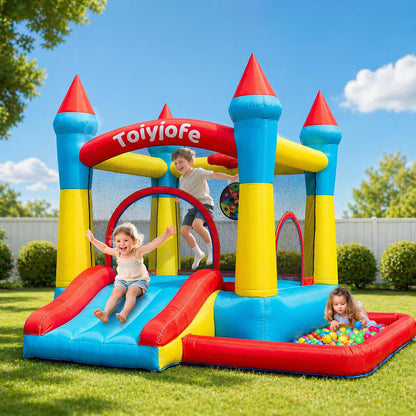Bounce House for Kids 3-6, with Slide & Ball Pit & Hoop, 5-in-1 Small Indoor Outdoor Inflatable Bouncy Castle, Toddler Jump House for Backyard Family Home Birthday Party, Includes 370W Blower