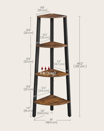 VASAGLE Corner Shelf Stand, 4-Tier Corner Bookshelf, Industrial Ladder Shelf, Plant Stand for Living Room, Office, Kitchen, Rustic Brown and Black ULLS34X