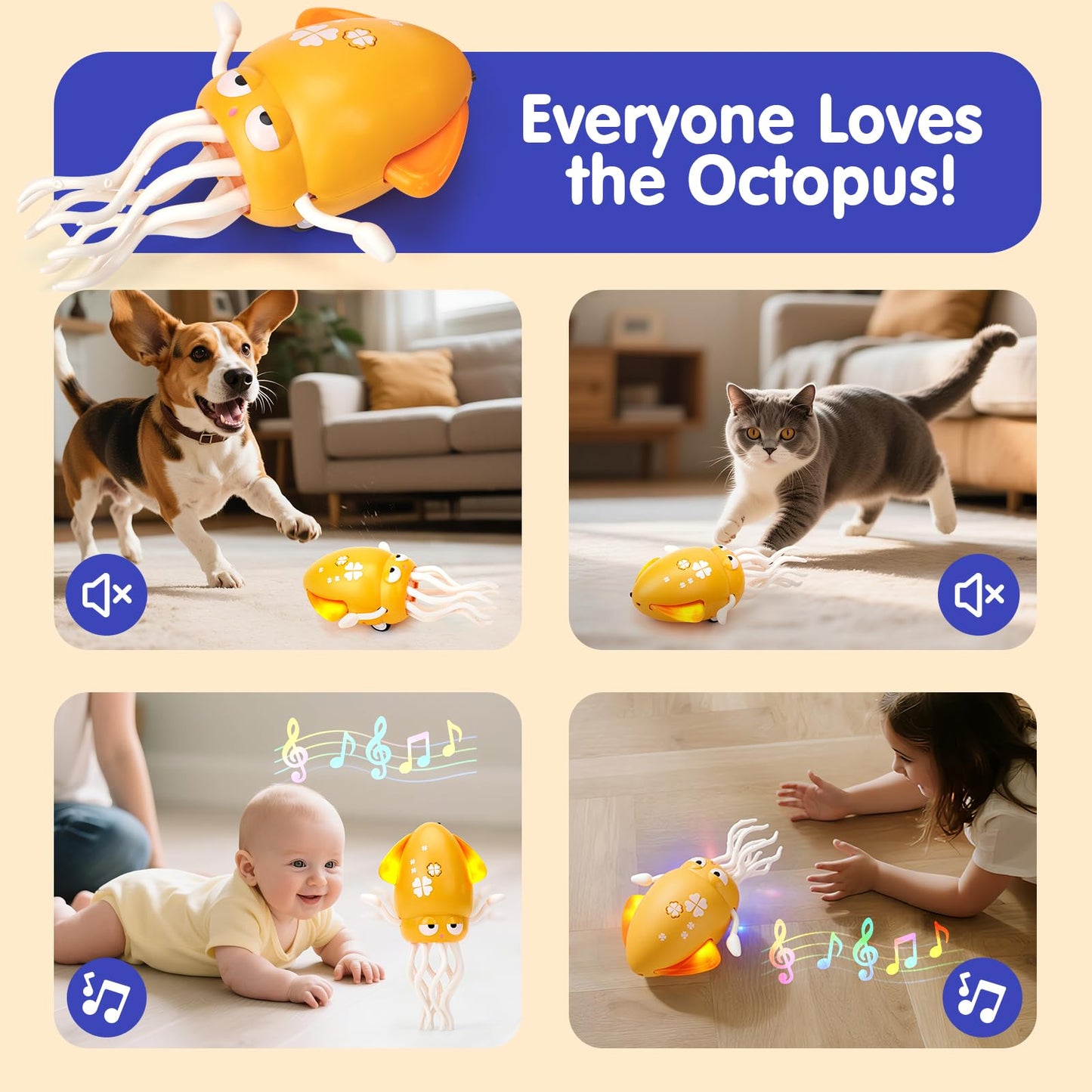 hahaland Dancing Octopus Baby Toys, Magic Musical Crawling Tummy Time Toy, Toddler Sensory Toys for 3 4 5 6 Year Old Boy Girl Birthday Gifts, Funny Squid with Led Light & Music