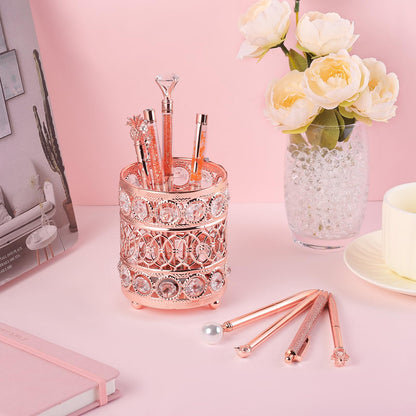 8 Pcs Rose Gold Ballpoint Pens Set, Handmade Crystal Pen Holder for Desk Black Ink Fancy Pens Liquid Sand Glitter Pens Bling Diamond Pens Gifts for Women Girls School Wedding Office Desk Supplies
