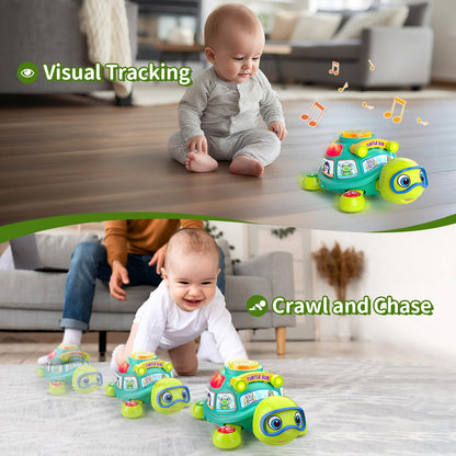ToddlerCley Musical Turtle Baby Toys 6-12 Months, Bilingual Educational Crawling Toys 7 8 9 10 Months, Light up Infants Tummy Toy with Sound, Number, Letters, Gifts Present for Baby 4 5 6 12 Month