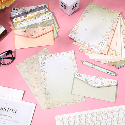 Laumoi 180 Pcs Stationery Papers and Envelopes Set Includes 60 Stationery Envelopes 120 Lined Stationery Writing Paper with 96 Colorful Round Dot Stickers, 10 Designs (Greenery)