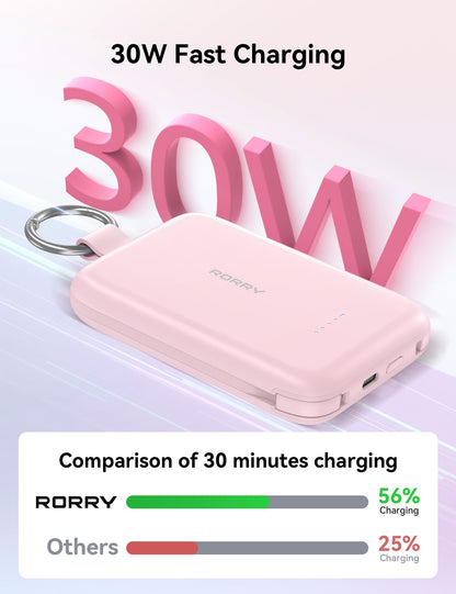 RORRY Portable Charger, 10000mAh PD 30W Fast Charging Portable Charger Power Bank with Built-in Cables, Travel Keychain Charger Battery Pack for iPhone 17/16/15/14/13/12, for AirPods 2/3/4/Pro, Pink