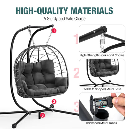 Pamapic Double Egg Chair wth Stand, 700 LBS Loveseat Rattan Swing Chair, UV Resistant Cushions with Armrests and Headrest, Thick Steel Frame Hammock Swing for Outdoor, Patio, Indoor(Grey)