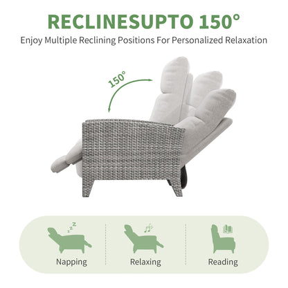 Garvee Wicker Recling Patio Chair with Independent Adjustable Back and Footrest Air Pump 150° Lay Flat Reclining Chair Outdoor Recliner Chair with Extended Footres and Removable Cushion for Garden