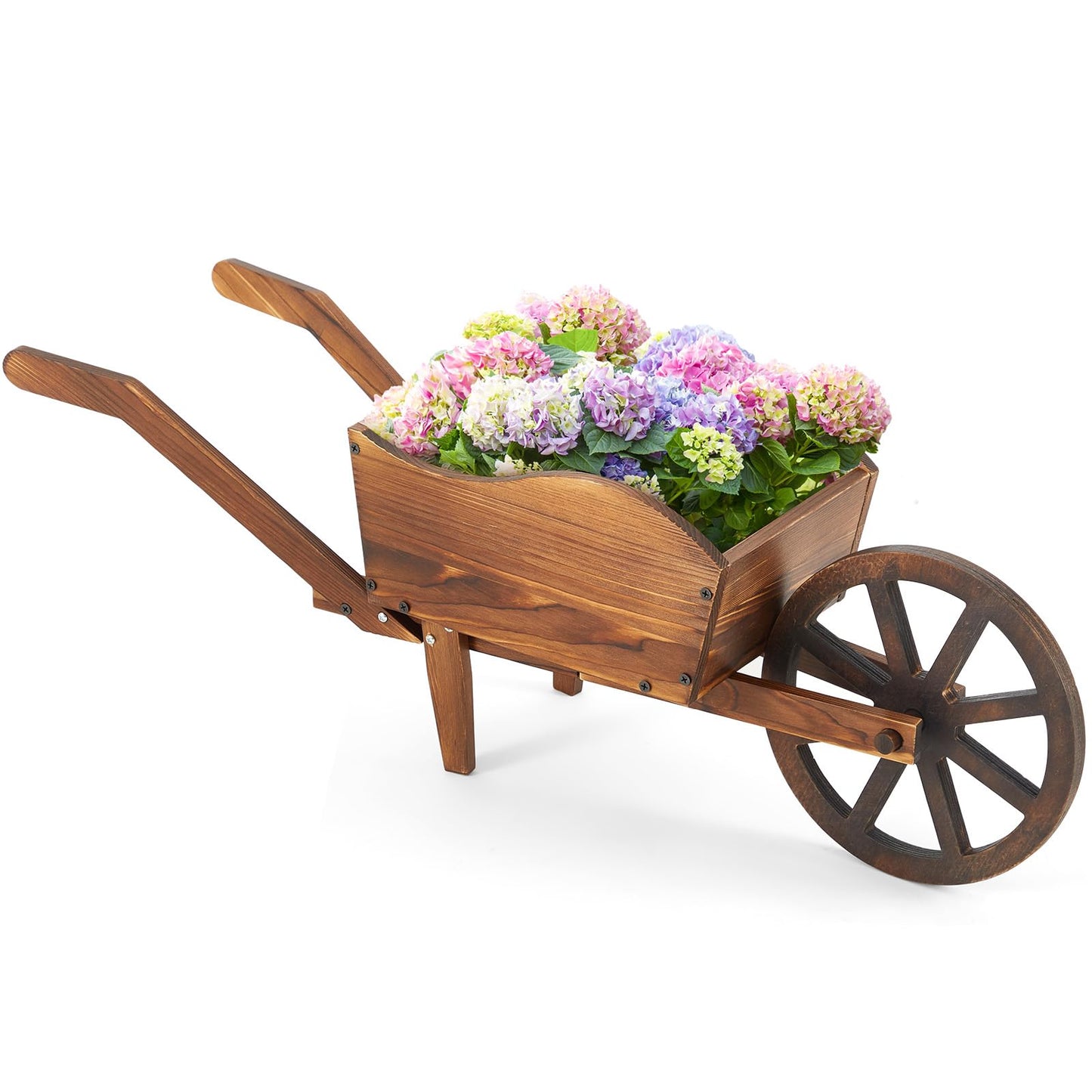 Beeveer Wooden Wagon Flower Planter Cart Garden Planter Box with Wagon Wheels Cart for Home Garden Outdoor Balcony Decorative, Patio Flowers Herbs Vegetables, Brown(Rustic)
