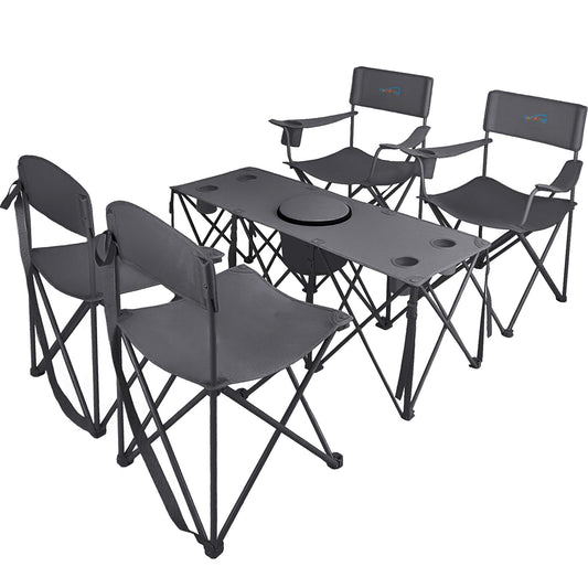 Colorsoul 5 Pcs Camping Chair Set w/Table, Outdoor Folding Chairs with Cooler Bag Cup Holder & Portable Table, Heavy Duty Oxford Fabric Lawn Chairs for Camping, Fishing, Picnic, Sporting Events, Grey