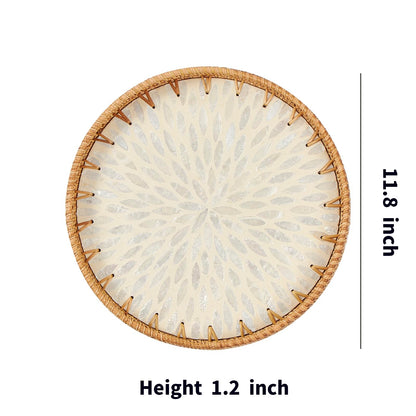 Kmelep Round Rattan Tray with Mother of Pearl Inlay, Rattan Serving Tray with Wooden Base, Decorative Wicker Basket for Table Decor, Storage and Display of Coffee Bread Food Fruit (Leaf 2)