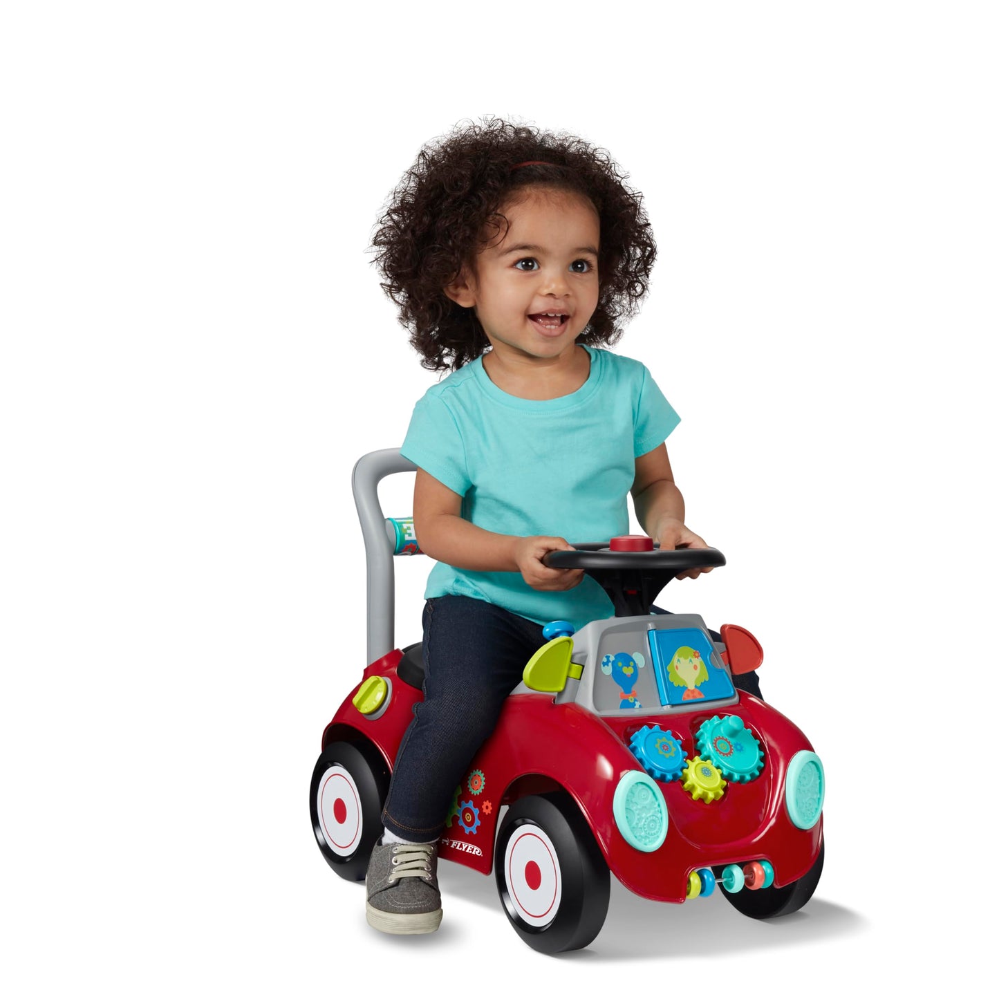 Radio Flyer Busy Buggy, for Toddlers 1-3, 3-in-1 Push Walker Ride On Car with 17 Sensory Activities, Anti-Tip Feature, Under-Seat Storage, Horn and Gears, 42 lb Capacity, Toddler Ride On Toys