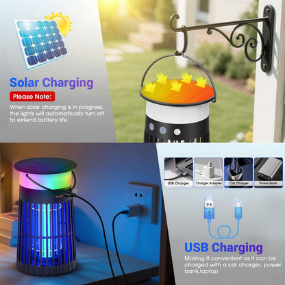 2 Pack Solar Bug Zapper Outdoor, Portable Electric Mosquito Killer Waterproof, Rechargeable Insect Trap with LED Night Light and Flame Effect, Ideal for Outside Patio, Backyard, and Camping