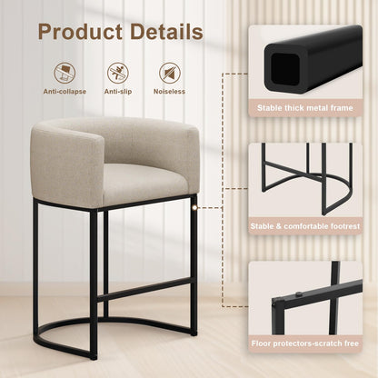VATROS 26" H Counter Height Bar Stools Set of 2, Modern Barrel Counter Stools with Backrest and Arms, Linen Fabric Upholstered Accent Barstools for Kitchen Island,Support 450 LBS (Beige)