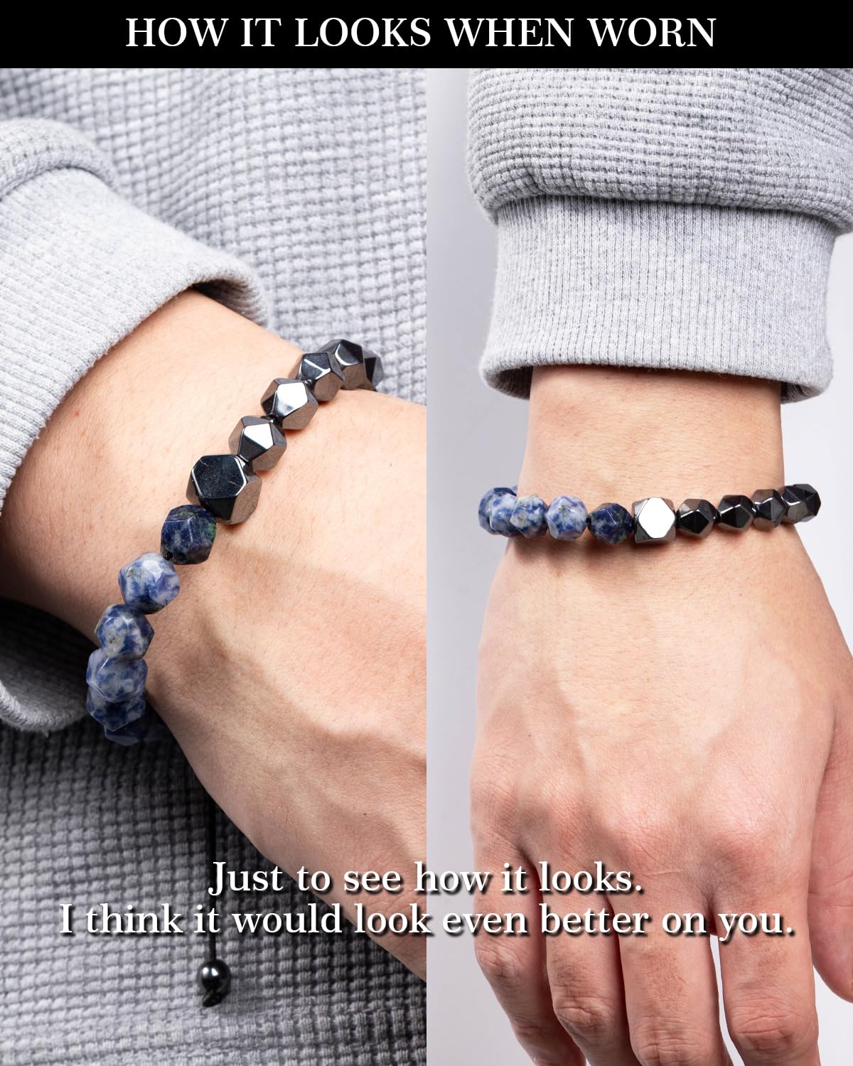 Beaded Bracelet for Men, 10mm Natural Stones Bracelet for Men's Gift, Adjustable Precision-Cut Gemstone Crystal Healing Bracelet, Protection Jewelry Gift with Hematite, Tiger Eye (Blue Spot Stone & Hematite)