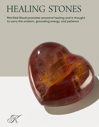 KALIFANO Petrified Wood Heart Carving with Healing & Grounding Properties - AAA Grade High Energy Stone Madera Petrificada Worry Stone with Information Card - Reiki Crystal Used for Passion