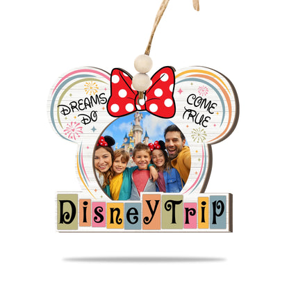 Family Vacation Trip Wooden Photo Ornament – Ears with Bow Design, “Dreams Do Come True” Family Vacation Magic Kingdom Keepsake, Rustic Holiday Decoration with Photo Frame