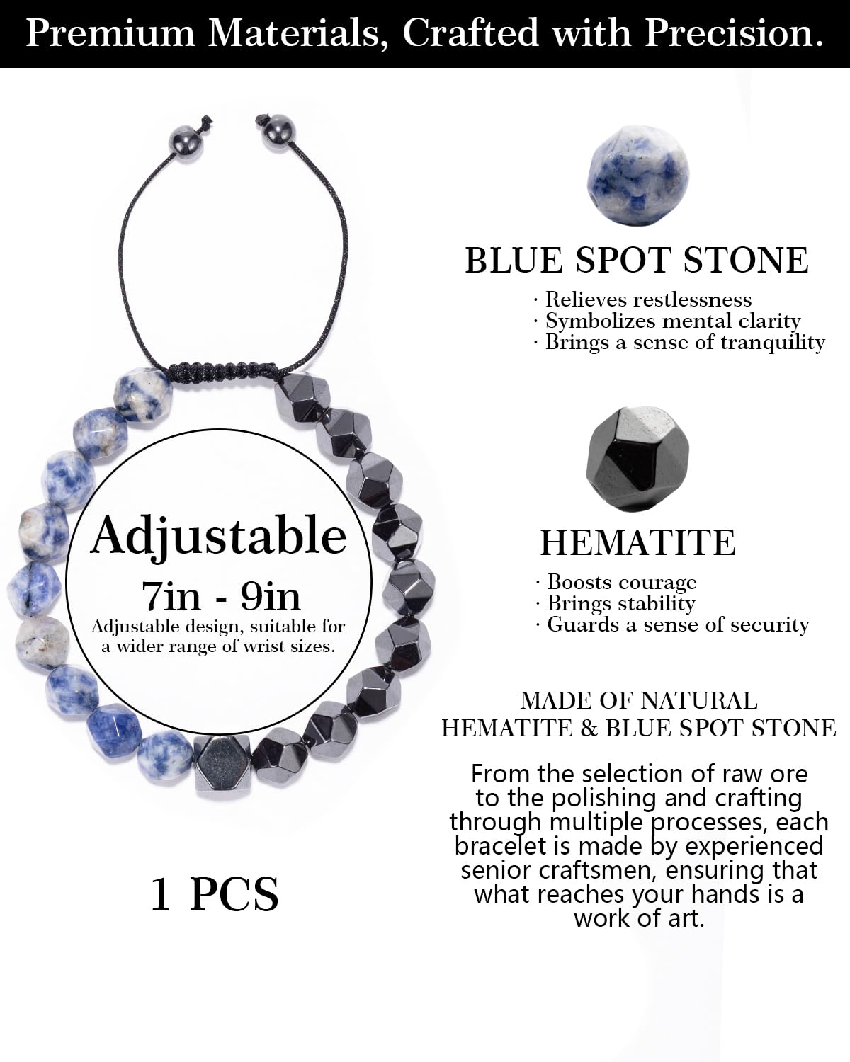 Beaded Bracelet for Men, 10mm Natural Stones Bracelet for Men's Gift, Adjustable Precision-Cut Gemstone Crystal Healing Bracelet, Protection Jewelry Gift with Hematite, Tiger Eye (Blue Spot Stone & Hematite)