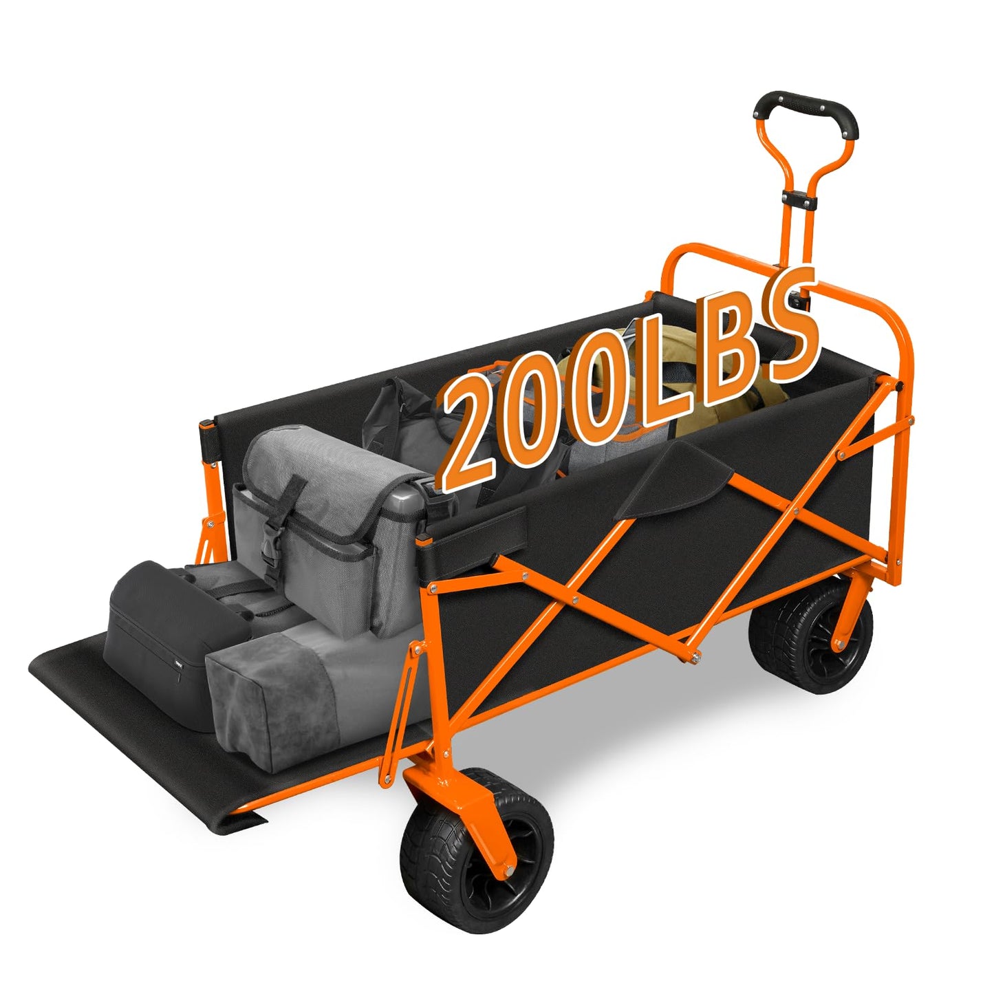 TAIFA Foldable Collapsible Wagons Cart with Extra Long Tailgate, Portable Beach Utility Wagon with Big Wheels and Brakes for Sand Shopping Camping Sports Outdoor, Black and Orange