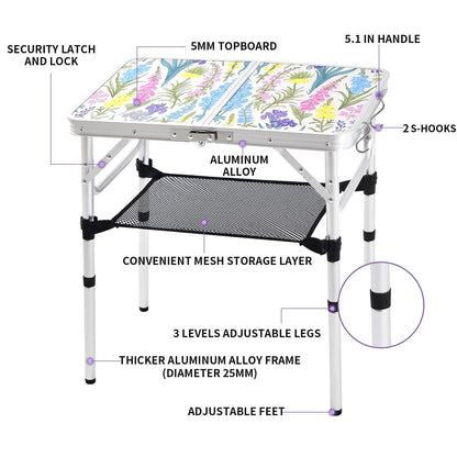 Yriuat Folding Camping Table 2ft Portable Pinic Table Adjustable Height Small Card Table Aluminum Foldable Lightweight with Carry Handle for Outdoor Indoor Hiking Camp BBQ Beach (Blooming Floral)