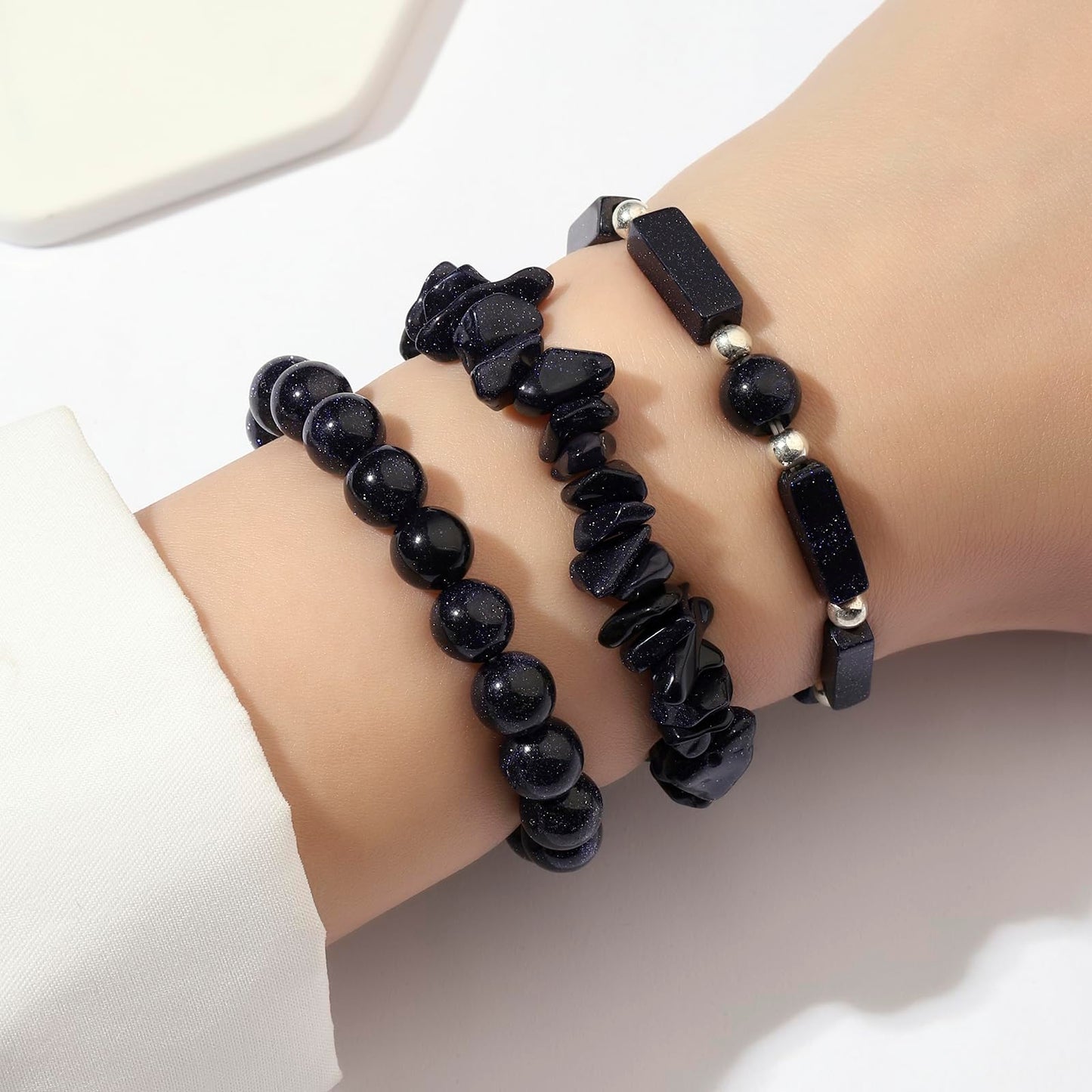IVY TAILI 3 Pcs Blue Sandstone Bracelet for Women 8mm Blue Sandstone Crystal Bracelet for Women Hematite Jewelry Natural Healing Protection Stone Bracelets Beaded Bracelets Gift for Men Women