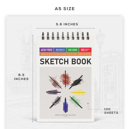BEECHMORE BOOKS 5.6"x8.5" Spiral Sketchbook – 140 GSM Acid-Free Paper, 100 Perforated Pages, A5 Art Sketch Pad for Drawing & Sketching, Artists, Adults