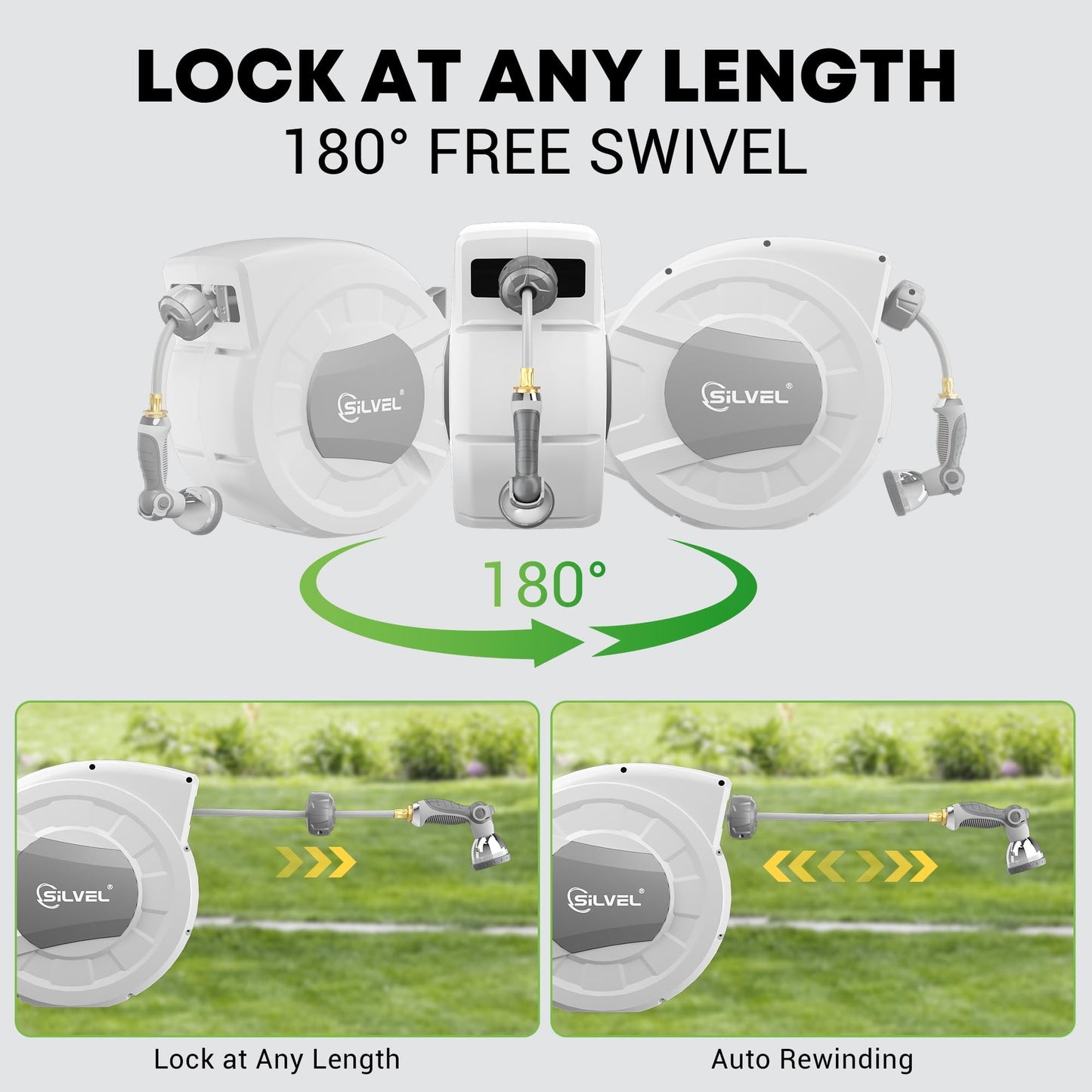 Retractable Garden Hose Reel, 1/2" x 100ft Wall Mount Heavy Duty Automatic Hose Reel with 10 Pattern Nozzle, Any Length Lock & Slow Return System, 180°Swivel Bracket Upgraded UV Resistant,Light Grey