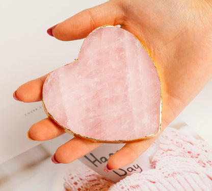 AMOYSTONE Large Heart Stone Rose Quartz Healing Crystals Birthday Gifts for Women, Natural Reiki Meditation Pink Crystal Gilded Edge Heart Shaped 3.5-4"/pc with Plastic Bracket