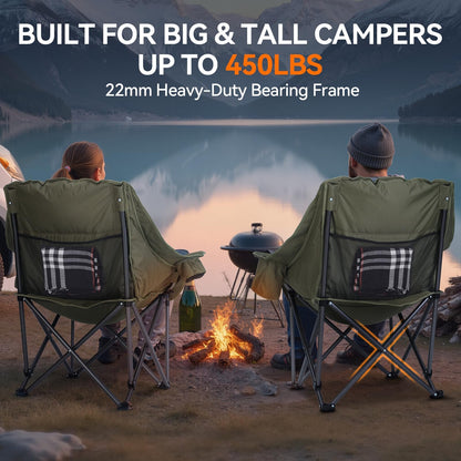 Huskfirm 2 Pack Camping Chairs Oversized Padded Camping Chair Heavy-Duty Foldable Camping Chairs with Cup Holder and Cooler Bag Portable Lawn Chair for Sports Outdoors-Support 450LBS,Green