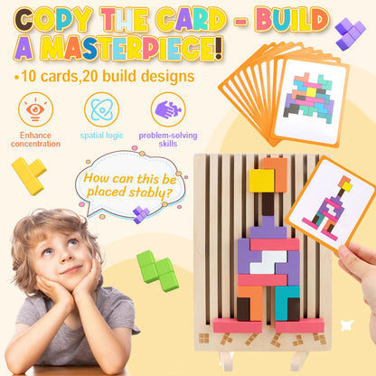 JONEG Games for 3+ Year Olds Kids- Wooden Stacking Puzzles - Brain Teasers 3D Russian Blocks Board - STEM Montessori Toys for Ages 3 4 5 6 7 10 - Gift for Toddlers Classroom Travel