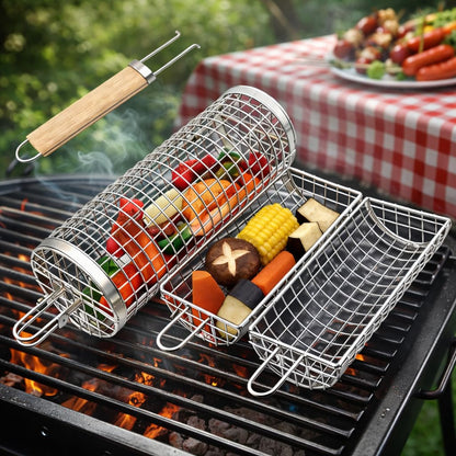 Rolling Grill Basket for Vegetables, Kebabs & Shrimp – 304 Stainless Steel BBQ Accessory with Side-Opening Design, Ideal for Outdoor Cooking & Camping (Rolling Grill Basket)