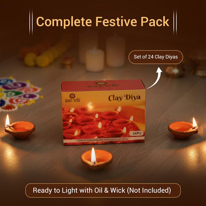 SATVIK Set of 24 Terracotta Clay Diyas – Traditional Handmade Earthen Oil Lamps for Home Decor – Eco-Friendly Festival Lighting