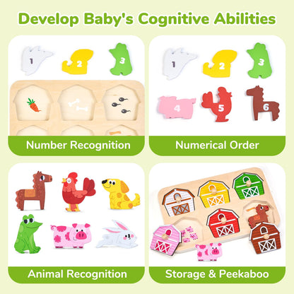 JoyCat Wooden Puzzles for Toddlers 1-3, Montessori Toys for 1 2 Year Old Boy Girl Birthday, Animal Match Farm Peg Puzzles, Preschool Learning Toys for Toddlers Age 1-2