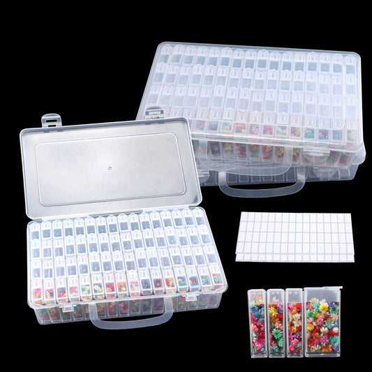 Gallipower 2 Pack Diamond Art Storage Containers Case With Lids,128 Grids Acrylic Bead Seed Storage Box Organizer With Label Stickers,Art Diamond Dot Storage Case,Embroidery DIY Art Craft Trays