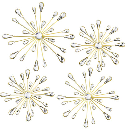 Hicarer 4 Pcs Starburst Wall Decor Bling Wall Art Crystal Teardrop 3D Hanging Rhinestone Radial Metal Artwork Modern Accent Sculptures Decorations for Living Room Home Office Bedroom(Gold)