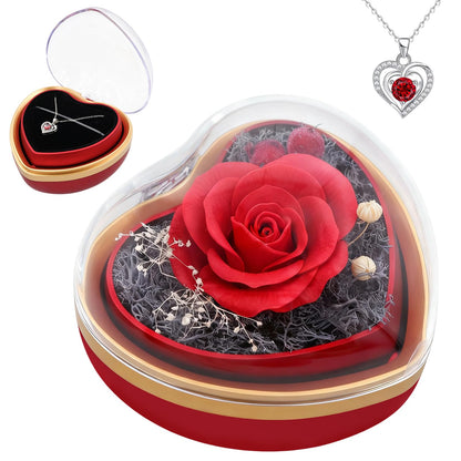 Eternal Real Rose Dainty Love Pendant , Preserved Red Rose Gift Box with Heart Necklace, Gifts for Women, Mom, Wife, Gifts Idea on Valentine's Day, Mother's Day, Birthday, Anniversary, Thanksgiving