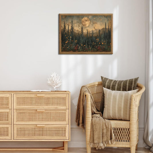 Vintage Nature Forest Wall Art Dark Moon Landscape Painting Wall Decor Woodland Picture Artwork 3D Textured Hand Drawn Sandstone for Farmhouse Bedroom Living Room 12x16 inch Wood Framed