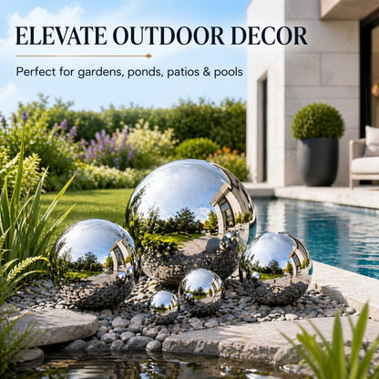 Nerien Gazing Ball, Stainless Steel Garden Mirror Globe, Polished Ornament Sphere, Hollow Floating Reflective Hemisphere, for Home Outdoor Pond Housewarming Swimming Pool Decoration, Silver, 5Pcs Mix