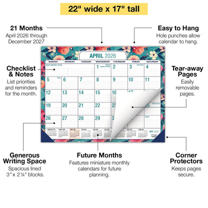 Desk PAD: 22" x 17" Large Print Desk Pad Calendar, APR 2026 - DEC 2027, 21 Months, (Teal Floral)