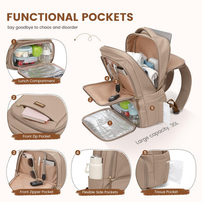 GOLF SUPAGS Lunch Backpack 16 Inch Laptop Backpack with Insulated Cooler Lunch Box Food Bag for College Work Camping Picnics (Champagne)